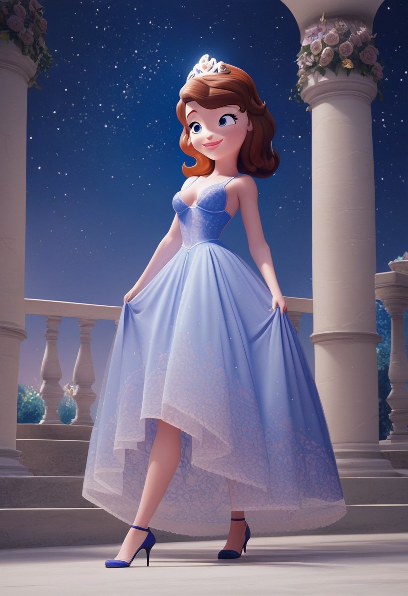princess Sofia,brown hair,blue eyes,score_up_8, score_up_9, 1girl, solo, medium breasts, 18 years old, sky blue night gown,provocative, seducatuve smile, high heels, high quality, 8k,best quality, HD, masterpiece, in royal garden, nigh sky,starry night,
