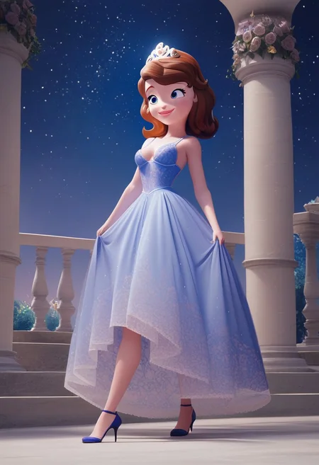 princess Sofia,brown hair,blue eyes,score_up_8, score_up_9, 1girl, solo, medium breasts, 18 years old, sky blue night gown,provocative, seducatuve smile, high heels, high quality, 8k,best quality, HD, masterpiece, in royal garden, nigh sky,starry night,