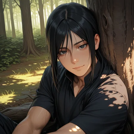 masterpiece, best quality, amazing quality, absurdres, newest, detailed background, definition so sharp, Ultra-HD, 8K cinematic, very awa, impressionate, amazing quality, highres, 
solo, male focus, manly, 
kurohyatogami, kuroh_black hair, kuroh_black eyes, 1boy, low tied hair, long hair, 
looking at viewer, soft smile, sitting, leaning against a tree, forest, dappled sunlight, peaceful, calm, warm, caring, cool, relaxed