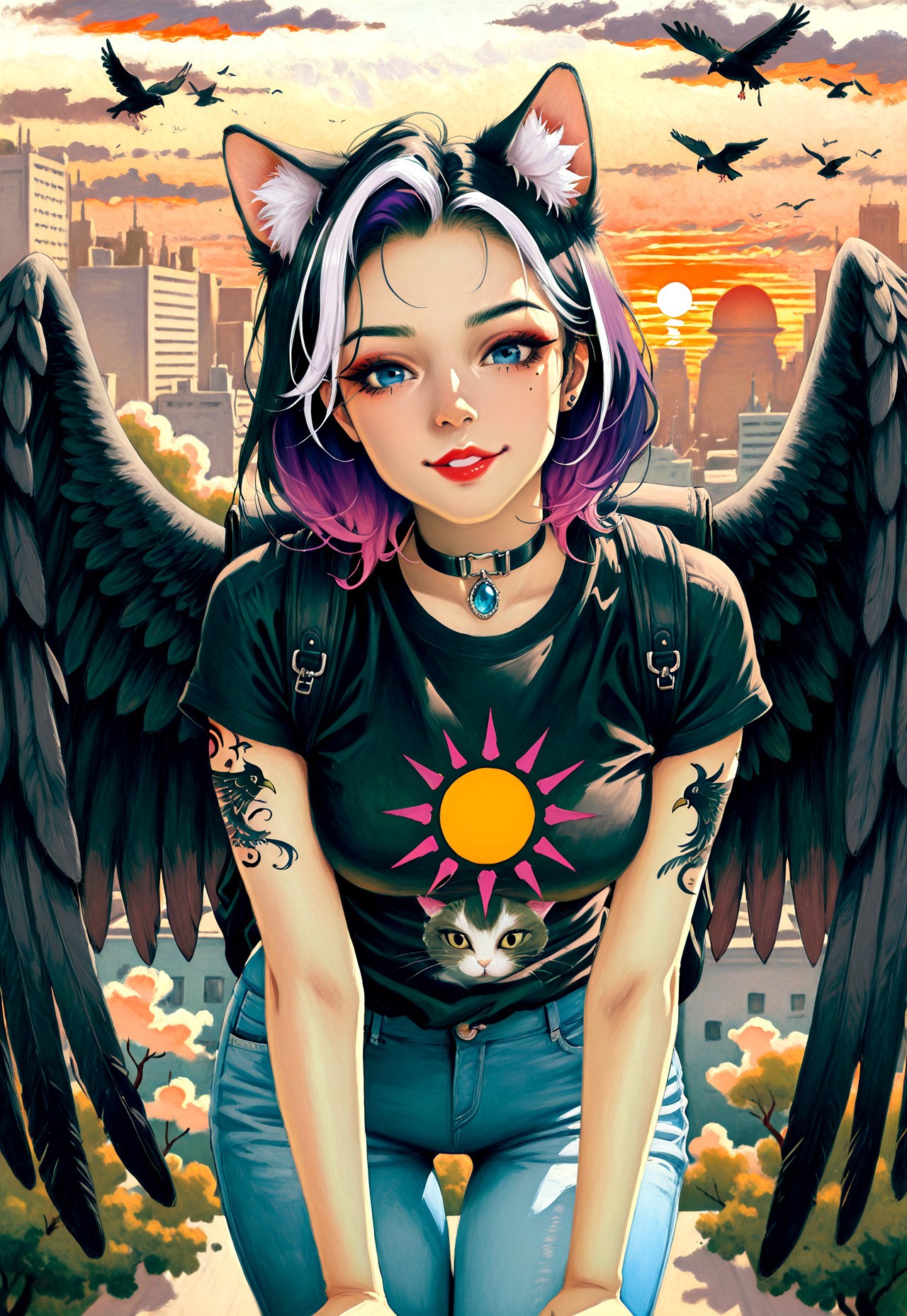 masterpiece, very aesthetic, absurdres, best quality, 1MPR3SS1ON1SM, oil painting,  traditional media, 1girl, animal ear fluff, animal ears, arm tattoo, flying, backpack, bird, black hair, black nails, black shirt, black wings, blue eyes, blue pants, building, cat ears, choker, cloud, collar, cowboy shot, denim, eyelashes, feathered wings, fingernails, gem, jeans, jewelry, leaning forward, lips, lipstick, looking at viewer, makeup, medium breasts, medium hair, mole, mole under eye, multicolored hair, nail polish, nose, outdoors, pants, parted lips, piercing, pink hair, pink lips, print shirt, purple hair, red lips, shirt, short hair, short sleeves, sky, smile, solo, streaked hair, sun, sunset, t-shirt, tattoo, teeth, thigh gap, tree, two-tone hair, white hair, wings