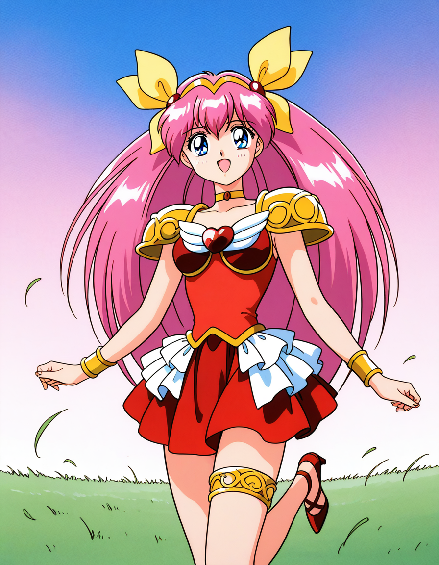 general,highres, ultra-detailed,very aesthetic,best quality ,best hands,  BREAK <lora:Hanasaki_Momoko_IS:1>Hanasaki_Momoko, 1girl,solo, long hair, pink hair, blue eyes, yellow bow, breasts, a, hair bow, twintails, very long hair, hair ribbon, 1990s (style),anime coloring, smile,looking at viewer, cowboy_Shot,
heart brooch, magical girl, brooch, jewelry,  open mouth, shoulder armor, thighlet, dress, armor, smile, choker, pauldrons, solo, looking at viewer, heart, skirt, high heels, bow, hairband, shoes, red footwear, bracelet, red dress, ribbon.
sky, grass,