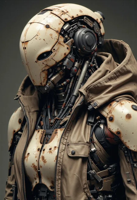 A desolate Slender apoclypse Robot, Upper Body Shot, high Quality, perfect essembled, Closeup of The head, intricate mechanical Details