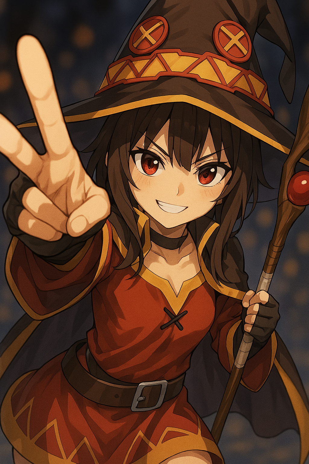 masterpiece, best quality, good quality, newest, highres, absurdres, volumetric lighting, raytracing, volumetric lighting, ambient occlusion, girl, masterpiece, best quality, very awa, absurdres, model style, 1girl, solo, brown hair, witch hat, magic staff in hand, detailed eyes, red magic robe (like megumin), red eyes, loose shirt, pointing, hand focus, forced perspective, hand gesture, dynamic pose, hand close-up, finger peace, in your face pose, playful pose, focused expression, intense stare, slight smile, dramatic perspective, meme style, soft lighting, blurred background, bokeh, depth of field, focused foreground, masterpiece,best quality,amazing quality,very aesthetic,absurdres,newest, anime coloring, flat color