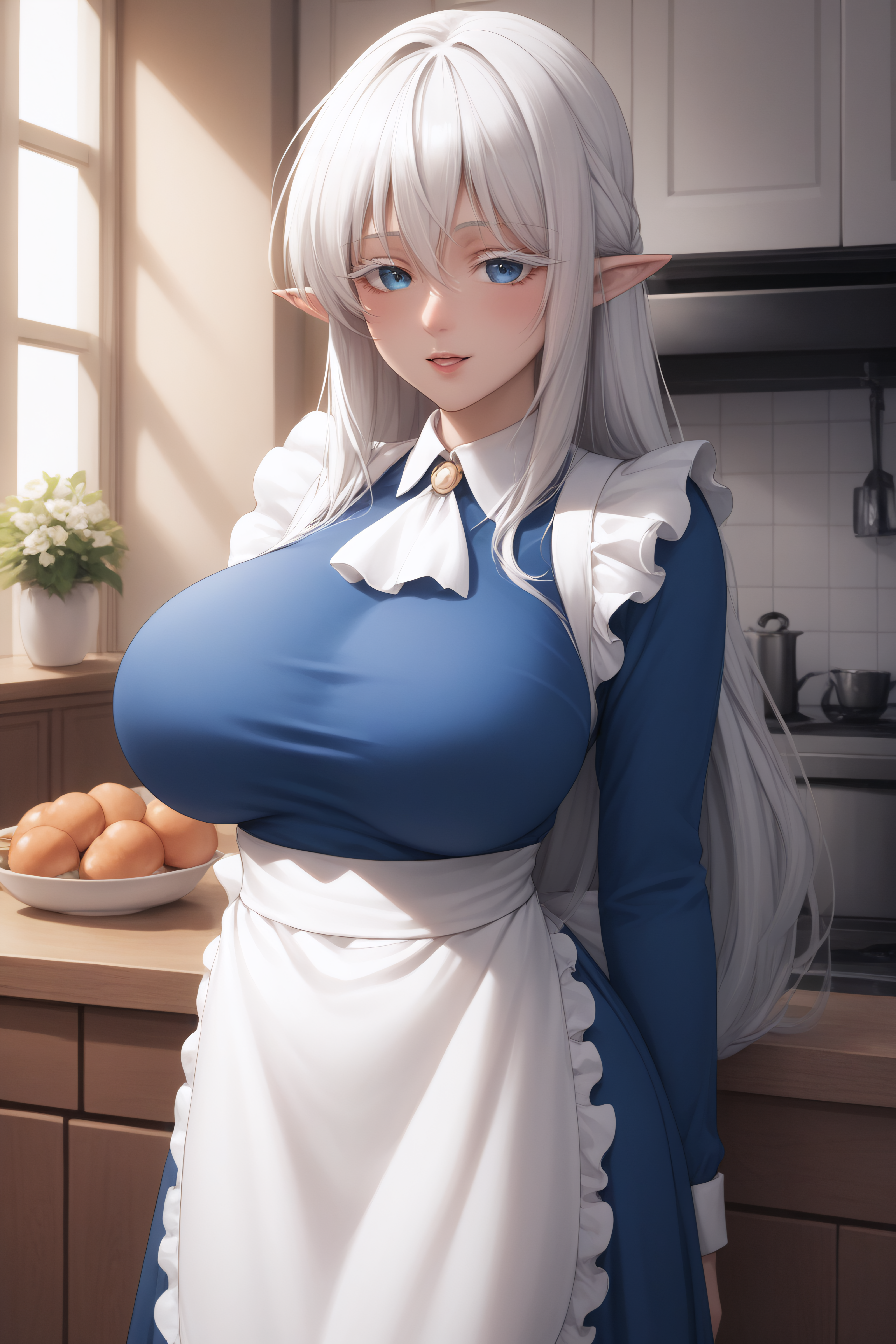 score_9, score_8_up, score_7_up, BREAK source_anime, <lora:Schnee Raizar-PonyXL-lora-Faxtron:0.8> schnee raizar, blue eyes, white eyelashes, white hair, long hair, large breasts, pointy ears, long dress, white apron, long sleeves,