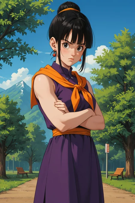 zPDXL3, <lora:chichi_pony_v2:.4>,
chi-chi, bangs, black hair, sidelocks, hair bun, black eyes, single hair bun, earrings, orange neckerchief, purple dress, sleeveless, looking at viewer, serious, standing, arms crossed, outside, park, trees, blue sky, mountain,