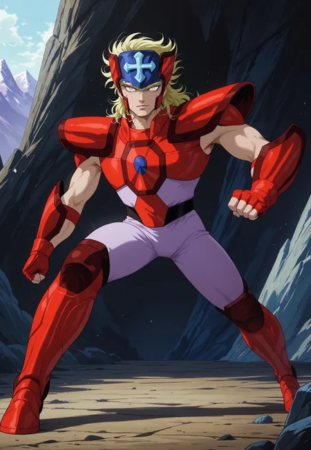 score_9, score_8_up, score_7_up, masterpiece, cruchripdxl, 1boy, muscular, toned male, wavy hair, blonde hair, cross circlet, red breastplate, red pauldrons, red vambraces, red fingerless gloves, light violet undershirt, light violet pants, red thighhigh greaves, unibrow, dilated pupils, (highly detailed:1.2), (intricate:1.2), (best quality:1.2),(8k:1.2), (sharp:1.2), (majestic:1.2), natural lighting, detail++, full body, ((action pose)), looking at viewer, mountain background, gloomy skies