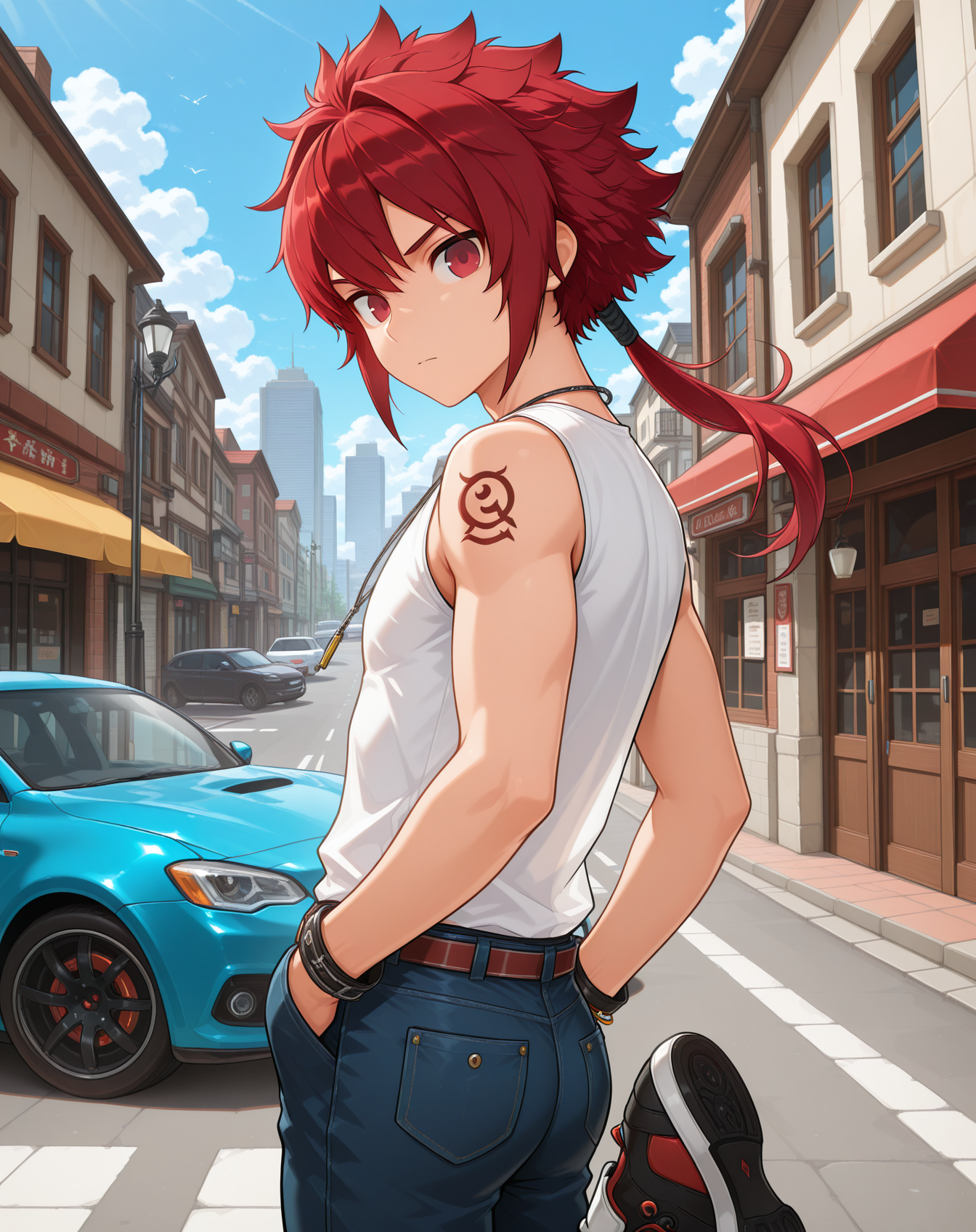 masterpiece,best quality,amazing quality, newest, very aesthetic, absurdres,
1boy, solo, yaoi, male focus, looking at viewer, cowboy shot, standing,
 <lora:Elsword_Rune_Slayer_ilxl:1> elswordrs, red hair, red eyes, arm tattoo, spiked hair, ponytail, long hair,
white shirt, jeans, sneakers,
outdoors, day, blue sky, building, street, road, lamppost, car,