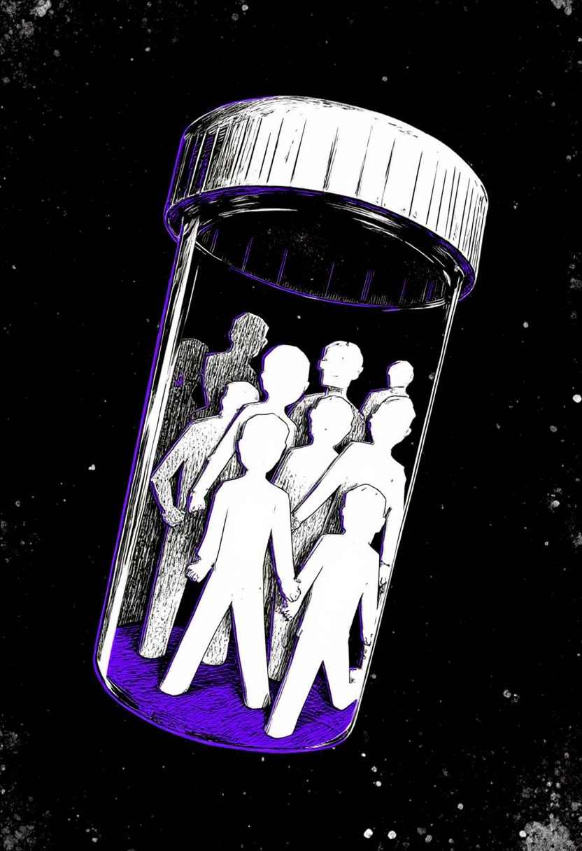 A hand drawn cyberpunk anime illustration of an prescription pill bottle. The bottle contains several solid white featureless figures, like paper cut outs trying to escape. Black background, monochrome palette, purple accents