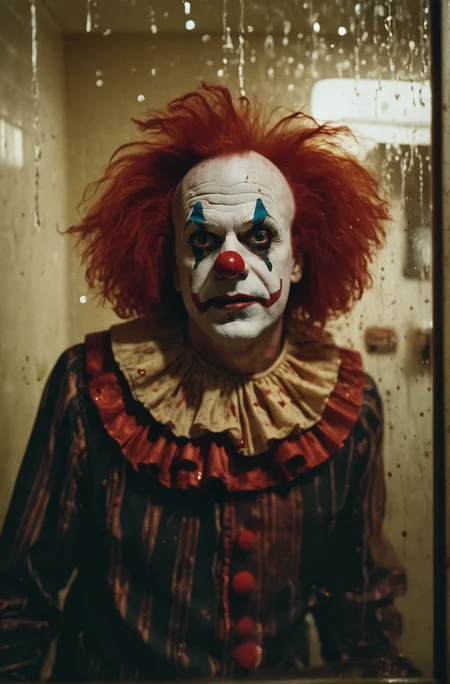 A cinematic photo of a 60 year old half american half scottish killer clown, big forehead, red clown wig, running into a glass mirror breaking his face into glass pieces, Blood glass shattering, he is in a dimly lit beat down grim public restroom, bloody red sparkly glitter clown costume, Blood on walls, broken lights, horror, vhs, film grain, Zombie in background, Scared look, brown lighting, grey lighting, ultra detailed, Atmospheric, Dramatic, Masterpiece,