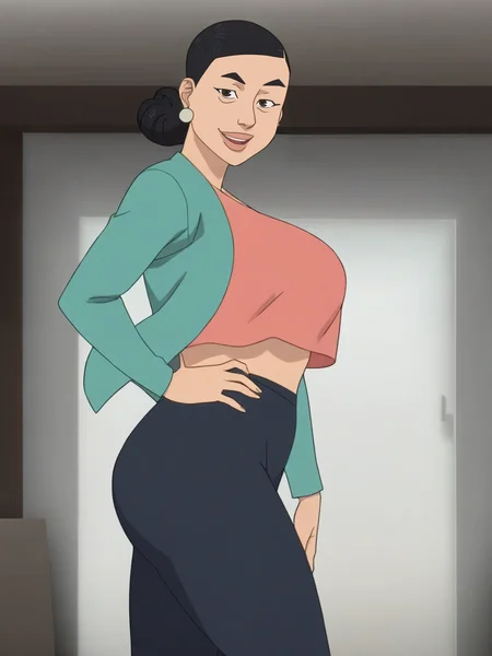 <lora:Debbie_GraysonIL:0.9> db_gr, 1girl, asian, black bun hair, earrings, wrinkles under eyes, black eyes,
croptop underboobs, huge breasts, looking at viewer, hips