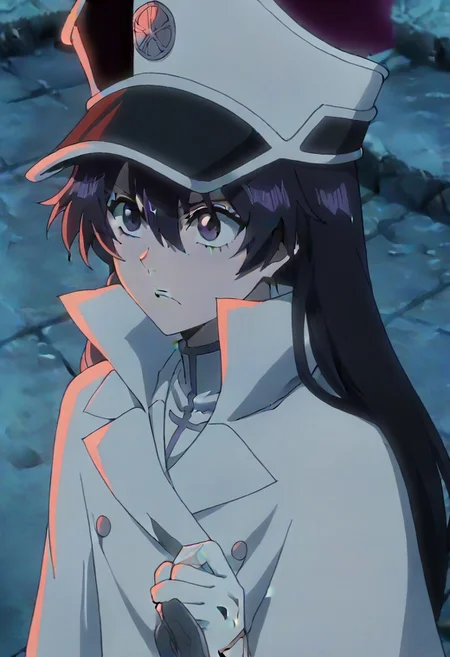 source_anime, anime screencap, anime coloring, nsfw, uncensored, <lora:Bambietta_Basterbine:1>Long hair, black hair, hair between eyes, dark purple eyes,, hat, peaked cap, white headwear, white gloves,