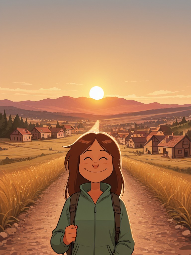 score_9, score_8_up, score_7_up, BREAK, solo , anime, wendy_maury,anime,long hair, Brown hair, in Paris, outside, village in the background, sun, happy, walking, hiking, large smile , ultra detailed, detailed background, upper body, bag<lora:wendy_maury_il:1>