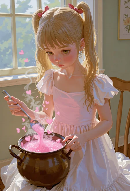 SWMS,(a pin-up poster of a cute witch), [cowboy-shot, focused], [slender and toned figure], [long blonde hair up in a messy bun], brewing a love potion in a steaming cauldron, [tiny pink hearts floating up from the bubbling liquid with the pink mist], [pale green eyes focusing on the cauldron], wearing a sundress, a cute witch's cottage background, [magical, dreamy atmosphere], [morning setting, soft whispers of a breeze], [a sense of enchantment] detailed drawing   <lora:FLUX - SWMSF - Styles for FLUX ( detailed drawing, swms ):1> <lora:FLUX - Surreal_Photo (Glitter):0.6>