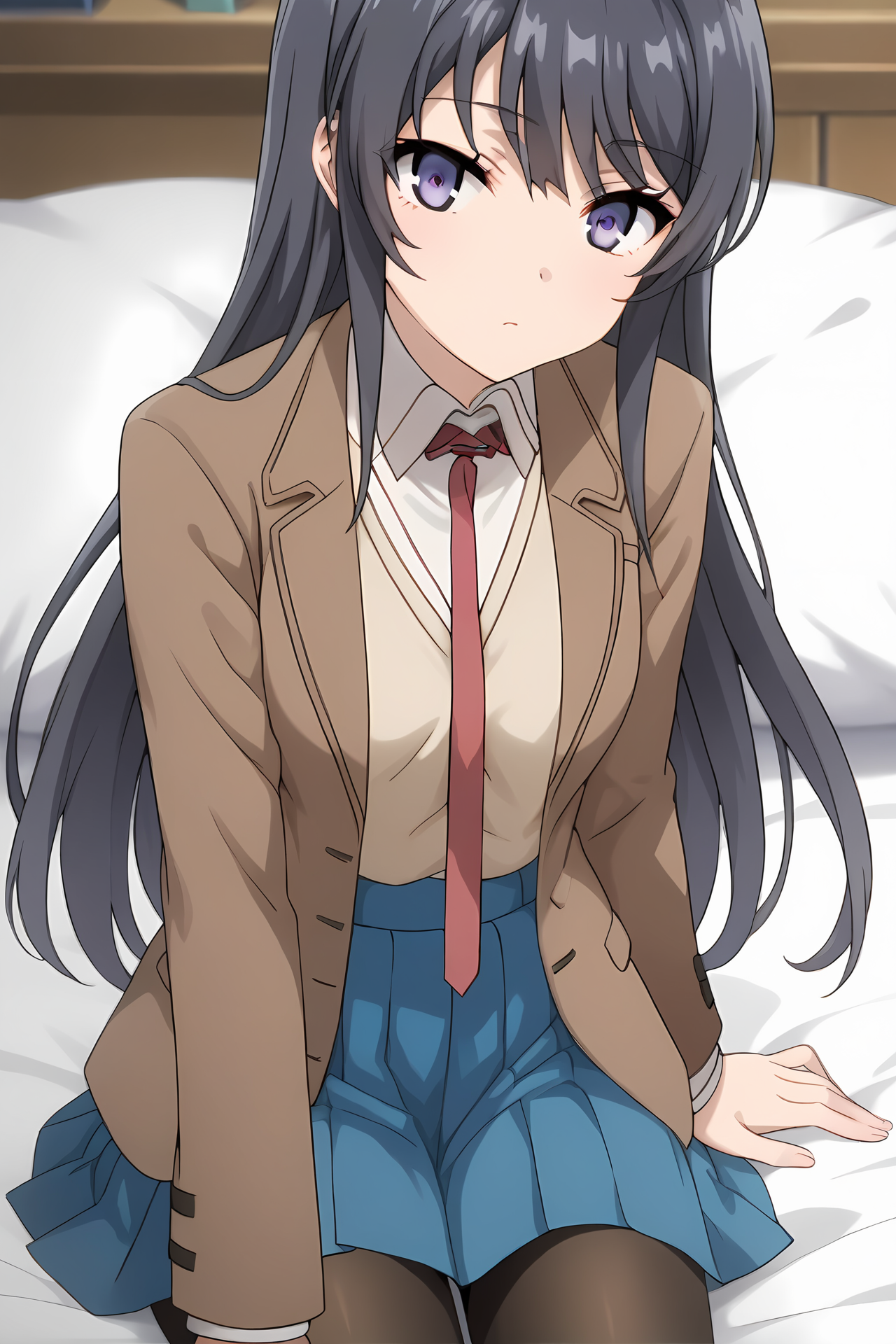 (school uniform brown blazer red necktie blue skirt black pantyhose:1.50), bgs-mai, blue eyes, purple eyes, black hair, lonh hair, bangs, medium breasts,
1girl, solo, skinny, (source_anime, score_9, score_8_up, score_8, score_7_up), score_7, score_6_up, score_6, score_5_up, score_5, 
(horny:1.30),
(bedroom:0.90),
(close-up:1.60), (:1.10),
<lora:bgs-mai-V01-000004:0.90>