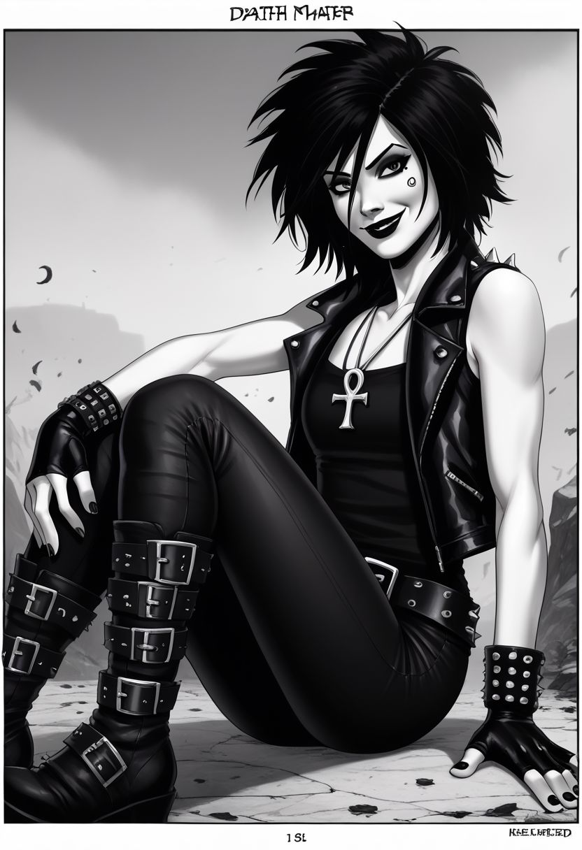 dsk_death, 1girl,  solo, jewelry, gloves, , boots, sitting, makeup, short hair, smile, lipstick, black hair, gothic, jewelry, necklace, ankh necklace, nail polish, leather jacket, black shirt, vest, short sleeves, tattoo, gloves, pants, lipstick, belt, spiked hair, black boots, comic art style, death_of_the_endless\(sandman\), greyscale, monochrome, cinematic angle, cinematic lighting, BREAK zPDXL2 PonyXLV6_Scores