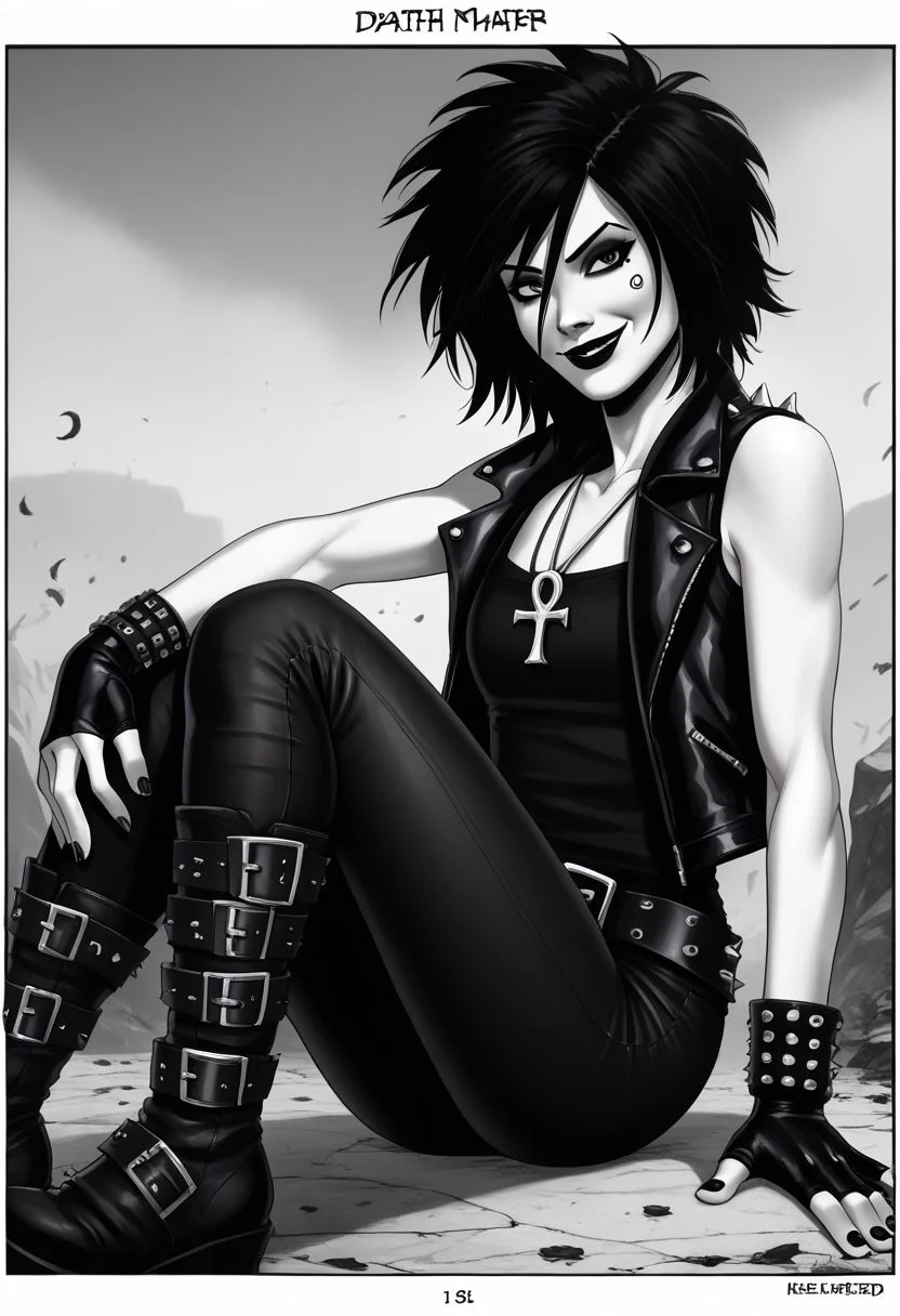 dsk_death, 1girl, solo, jewelry, gloves, , boots, sitting, makeup, short hair, smile, lipstick, black hair, gothic, jewelry, necklace, ankh necklace, nail polish, leather jacket, black shirt, vest, short sleeves, tattoo, gloves, pants, lipstick, belt, spiked hair, black boots, comic art style, death_of_the_endless\(sandman\), greyscale, monochrome, cinematic angle, cinematic lighting, BREAK zPDXL2 PonyXLV6_Scores