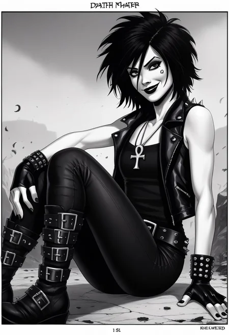 dsk_death, 1girl, solo, jewelry, gloves, , boots, sitting, makeup, short hair, smile, lipstick, black hair, gothic, jewelry, necklace, ankh necklace, nail polish, leather jacket, black shirt, vest, short sleeves, tattoo, gloves, pants, lipstick, belt, spiked hair, black boots, comic art style, death_of_the_endless\(sandman\), greyscale, monochrome, cinematic angle, cinematic lighting, BREAK zPDXL2 PonyXLV6_Scores