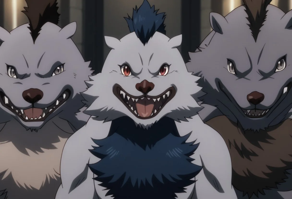 quagoa, anthro, furry, fur, male, no humans, red eyes, looking at viewer, fangs, open mouth, teeth, looking at another, tongue, sharp teeth, (grey fur, common quagoas), blue fur, brown fur, grey eyes, 3boys, trio, masterpiece, ultra detailed, high quality, score_9, score_8_up, score_7_up, score_6_up