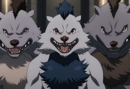 quagoa, anthro, furry, fur, male, no humans, red eyes, looking at viewer, fangs, open mouth, teeth, looking at another, tongue, sharp teeth, (grey fur, common quagoas), blue fur, brown fur, grey eyes, 3boys, trio, masterpiece, ultra detailed, high quality, score_9, score_8_up, score_7_up, score_6_up