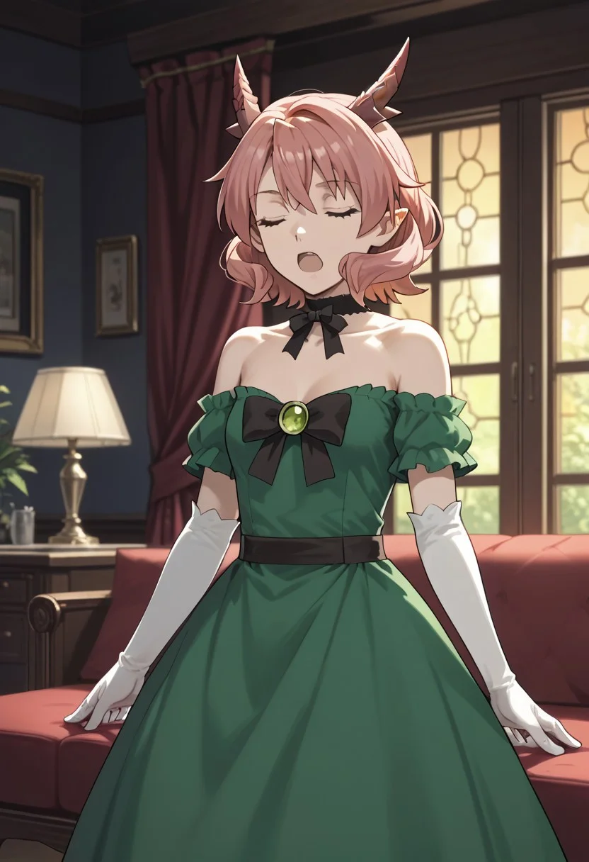 score_9,score_8_up,score_7_up,source_anime,FAFNIR_GUILDMELAG_LINDA_BLAIR_HANAKO,1girl,solo,open mouth,gloves,dress,bow,ribbon,bare shoulders,collarbone,closed eyes,choker,indoors,elbow gloves,white gloves,profile,dragon horns,green dress,