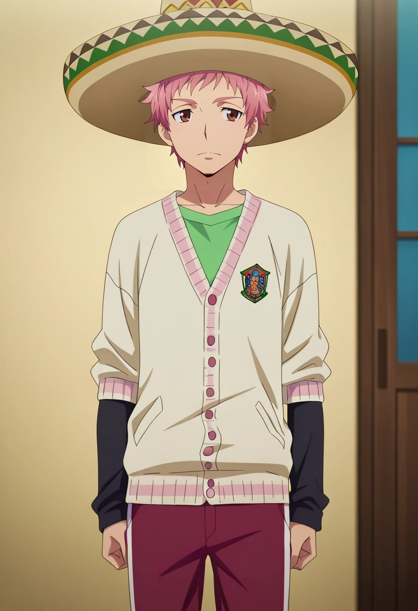 masterpiece, best quality, , anime screencap, anime coloring, , , 1boy, solo, male focus, <lora:renzou_shima_ilxl:0.9>, renzou_shima, pink hair, brown eyes, short hair, , Polka dot Twill Track pants with side stripes, Henley cardigan, , Sombrero, Arm warmers and and