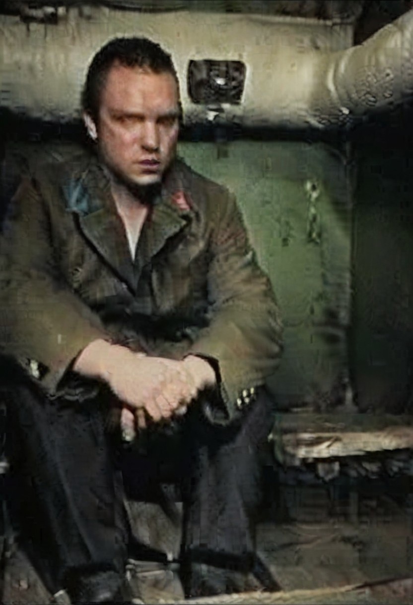 score_9, score_8_up, score_7_up,
solo, photo real, masterpiece,
absurdes, ultra detailed, amazing quality,
detailed eyes, perfect hands, detailed fingers, photography, film grains, grainy, zlnyslnk,
detailed face, detailed eyes,
looking at viewer,
underground, basement, (green walls), pipes, indoors, 
unique angle, dramatic angle, brown military jacket,
muscular, sitting, playing checkers,
zlnyslnk, brtshk, short black hair, shaved face, black military jacket