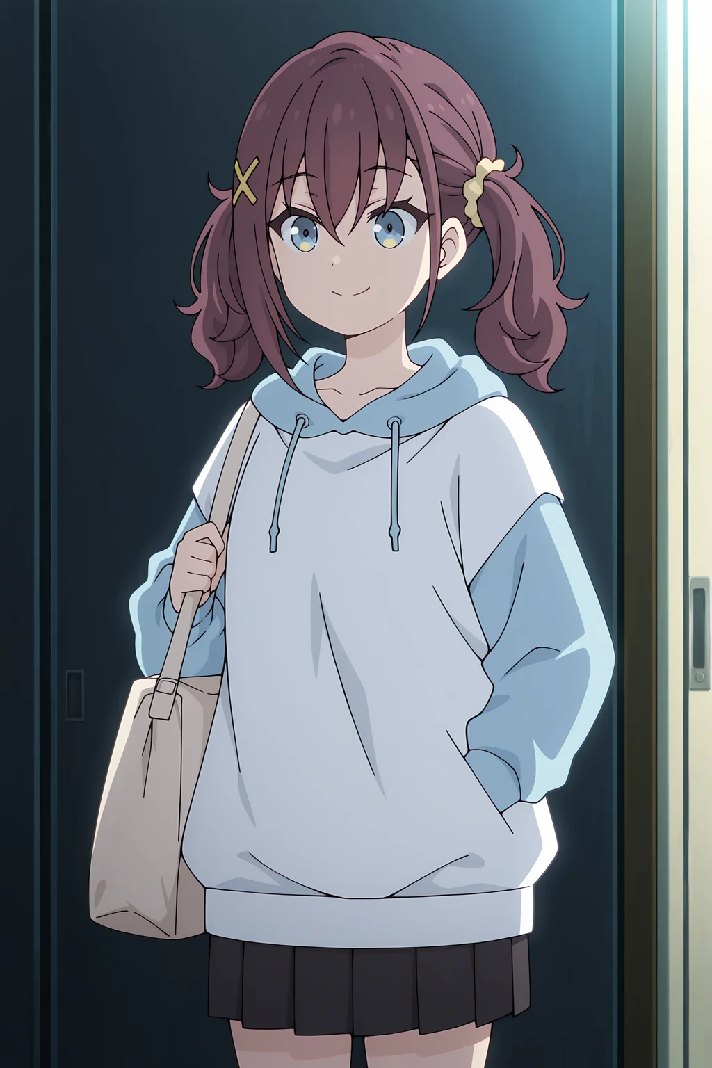 volumetric lighting, official style, amazing quality, ultra detailed, highres, detailed background, anime screenshot, anime screencap, anime coloring, masterpiece, detailed face,1girl <lora:Kurea_Furutachi__-20:0.8> Kurea_Furutachi, Kurea_Furutachi(Outfit 4), skirt, twintails, solo, bag, hood, hair ornament, smile, blue hoodie with white shirt , pleated skirt, black skirt, brown hair, shoulder bag, blue eyes, x hair ornament, scrunchie, long sleeves, closed mouth, hair between eyes, yellow scrunchie, bangs, hood down, white hoodie, hairclip, blue hoodie