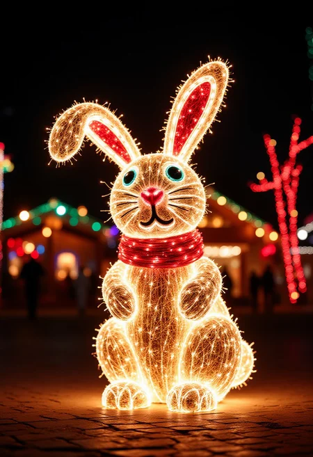 xmas lights, a cute bunny made of Christmas lights in a festive plaza