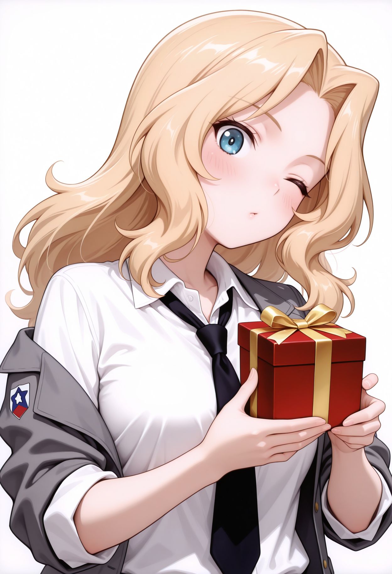 masterpiece,best quality,absurdres,highres,very aesthetic,high quality,detailed,insanely detailed,beautiful, looking at viewer,
 <lora:Kay illu v2 :1>
1girl, one eye closed, saunders school uniform, blue eyes, blonde hair, black necktie, open jacket, white shirt, looking at viewer, open clothes, white background, blush, gift box, simple background, grey jacket, sleeves rolled up, holding, long hair, blazer, hair intakes, emblem