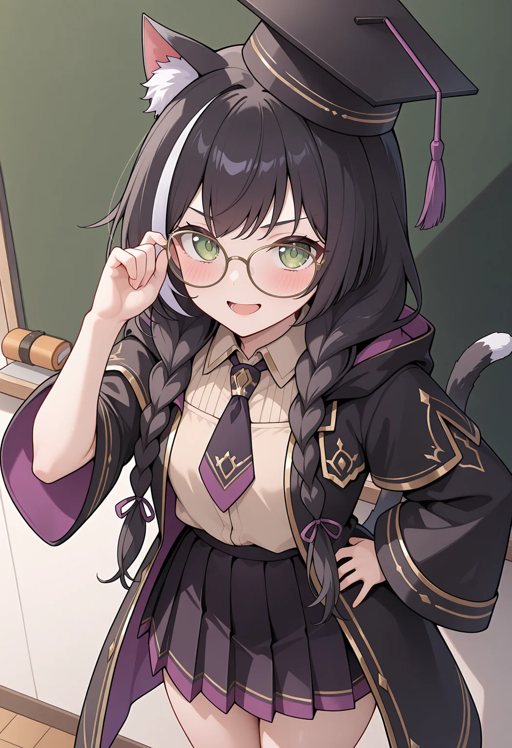 highres, best quality, masterpiece, chalkboard,
1girl, solo, pcrcal, black hair, streaked hair, cat ears, animal ear fluff, cat tail, green eyes,
calstudent, twin braids, hair ribbon, mortarboard, black headwear, glasses, beige shirt, black necktie, purple necktie, two-tone necktie, black skirt, two-tone skirt, purple skirt, pleated skirt, black coat, gold trim, two-sided coat, thighs,
serious, blush, open mouth, looking at viewer,
smile, standing, hand on own hip, from above, adjusting eyewear,
<lora:_kyaru_pcr-elesico-ilxlC:1>