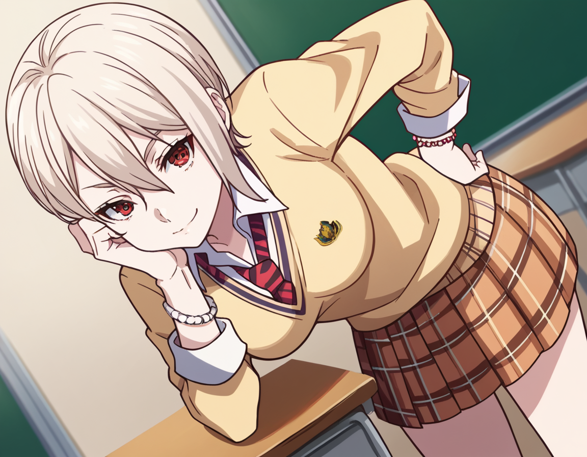 score_9, score_8_up, score_7_up, source_anime,
alicenakiri, <lora:alice-nakiri-s1-ponyxl-lora-nochekaiser:1>,
alice nakiri, short hair, red eyes, white hair, hair between eyes,
skirt, shirt, jewelry, school uniform, pleated skirt, necktie, striped, bracelet, sweater, plaid, plaid skirt, striped necktie, white shirt, collared shirt, light brown sweater,
indoors, classroom, bent over, smile,
looking at viewer, cowboy shot, dutch angle, solo,
