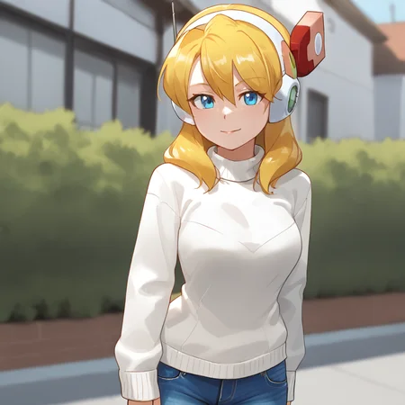 <lora:aliamegaman_pony_v1:1>AliaBikini, 1girl, blonde hair, medium breasts, android, blue eyes, robot ears, long hair, bangs, headgear,  robot joints, hair between eyes, sweater, jeans
