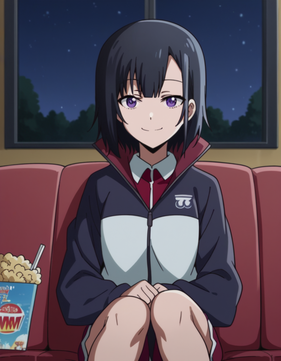 score_9, score_8_up, score_7_up, source_anime, <lora:yuika-shiwahime-s1-ponyxl-lora-nochekaiser:1>, yuika shiwahime, short hair, black hair, purple eyes,, shirt, jacket, necktie, shorts, sleeves past wrists, track jacket,, living room, television, couch, popcorn, watching movie, night time, sitting,, smile, , v, v over mouth, smug,, solo,, dutch angle, cowboy shot