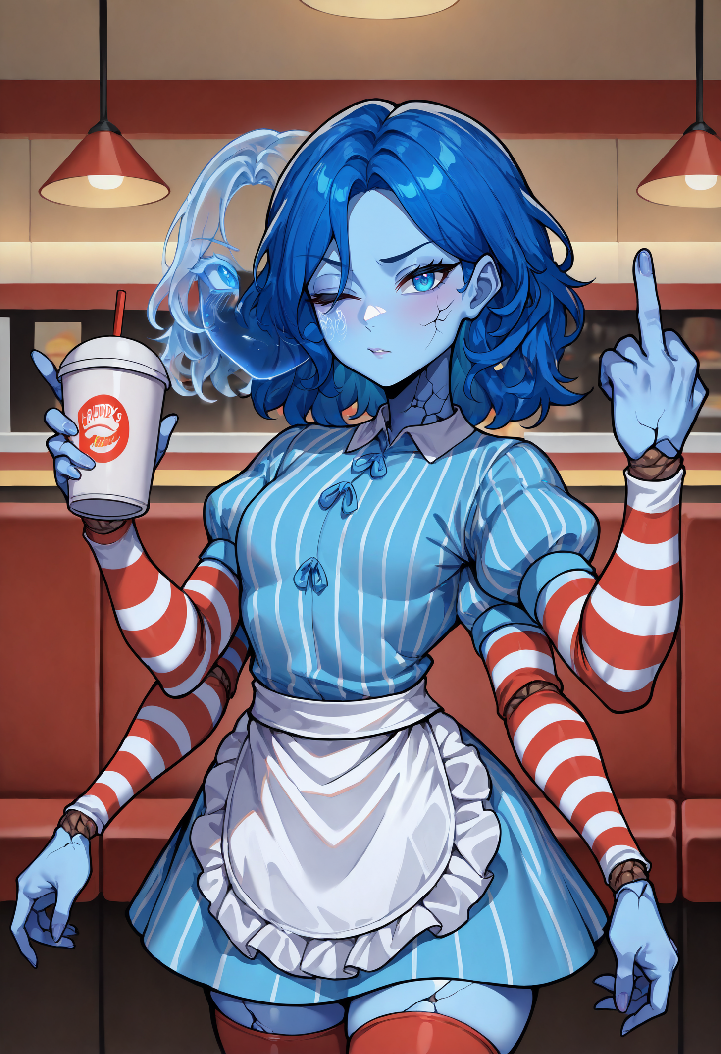 masterpiece, best quality, newest, absurdres, highres, 1girl, RnnDef, blue eyes, one eye closed, blue hair, wavy hair, (4 arms:1.2), extra faces, ghost face, blue skin, colored skin, cracked skin, doll joints, <lora:Ranni_illusXLNoobAI_Incrs_v1-000012:1>, wendy \(wendy's\), short dress, blue dress, vertical-striped dress, puffy short sleeves, short over long sleeves, striped sleeves, white apron, waist apron, red thighhighs, striped thighhighs, indoors, restaurant, fast food, looking at viewer, holding drink, disposable cup, hand up, middle finger,
