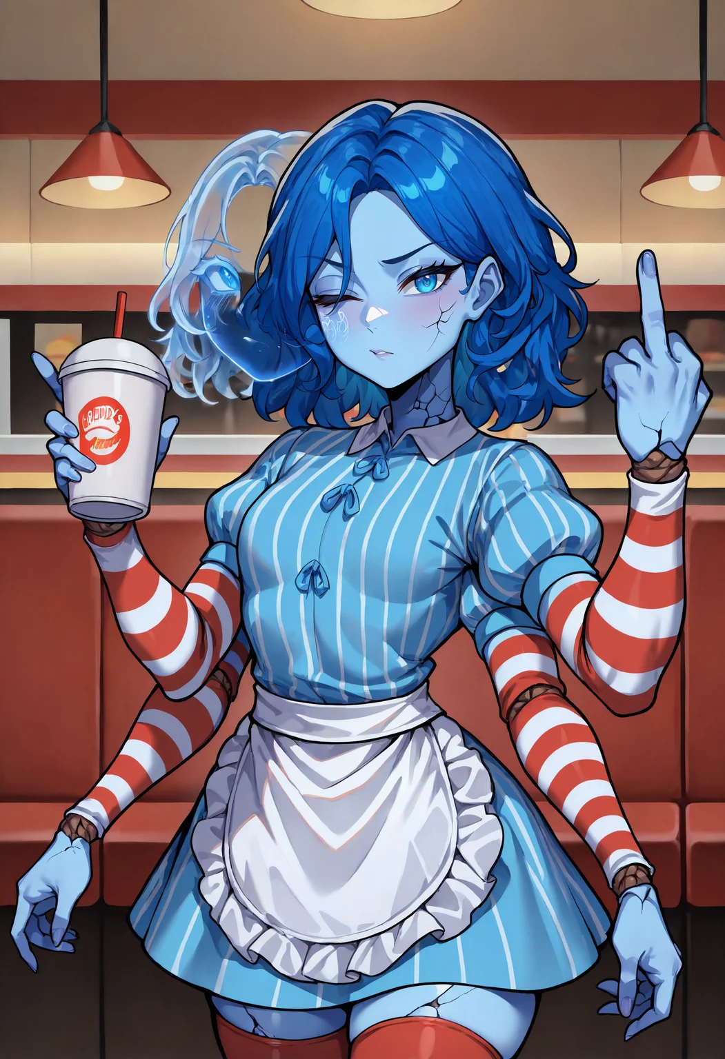 masterpiece, best quality, newest, absurdres, highres, 1girl, RnnDef, blue eyes, one eye closed, blue hair, wavy hair, (4 arms:1.2), extra faces, ghost face, blue skin, colored skin, cracked skin, doll joints, <lora:Ranni_illusXLNoobAI_Incrs_v1-000012:1>, wendy \(wendy's\), short dress, blue dress, vertical-striped dress, puffy short sleeves, short over long sleeves, striped sleeves, white apron, waist apron, red thighhighs, striped thighhighs, indoors, restaurant, fast food, looking at viewer, holding drink, disposable cup, hand up, middle finger,