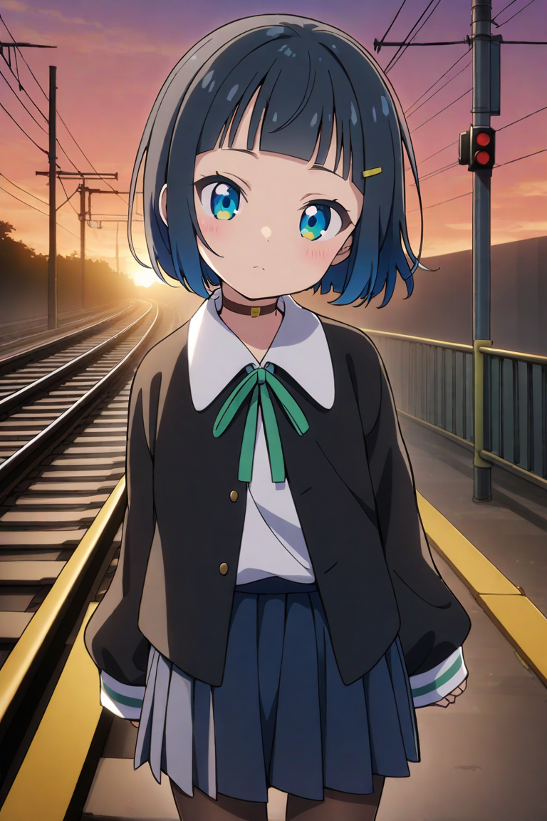 shinonome akira,1girl, solo, blue eyes, sleeves past wrists, skirt, shirt, jacket, blue skirt, closed mouth, choker, looking at viewer, white shirt, hair ornament, open clothes, black jacket, bangs, short hair, hairclip, ribbon, long sleeves, pleated skirt, open jacket, neck ribbon, green ribbon, collared shirt, black hair, blunt bangs, blue hair,shoes, pantyhose,outdoors,railroad signal, sunset, railroad,
 <lora:shinonome akira A31 e1:0.75>