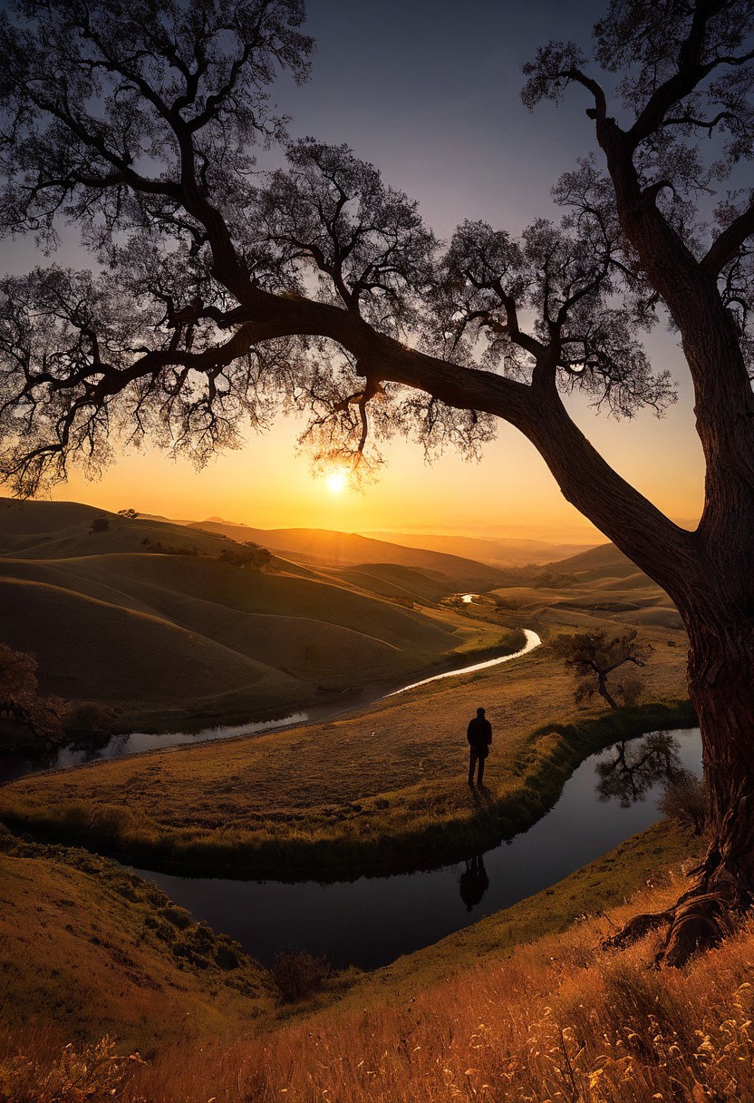 Shot by Michael Shainblum, contemplative landscape photograph captured during golden hour features a solitary human figure silhouetted against a dramatic sunset backdrop. A large oak tree stands in the foreground at the left third of the frame, its dark branches spreading outward to frame the scene. A winding river reflects the orange and golden light below, meandering from the center of the frame toward the horizon. Multiple layers of rolling hills create depth through atmospheric perspective, appearing as graduated shades of blue-gray in the distance, all bathed in rich, golden tones from the setting sun. The high-angle wide shot employs natural backlighting to create a powerful contrast between the dark silhouettes and the glowing landscape. Wide-angle landscape photography with natural backlighting and atmospheric depth.