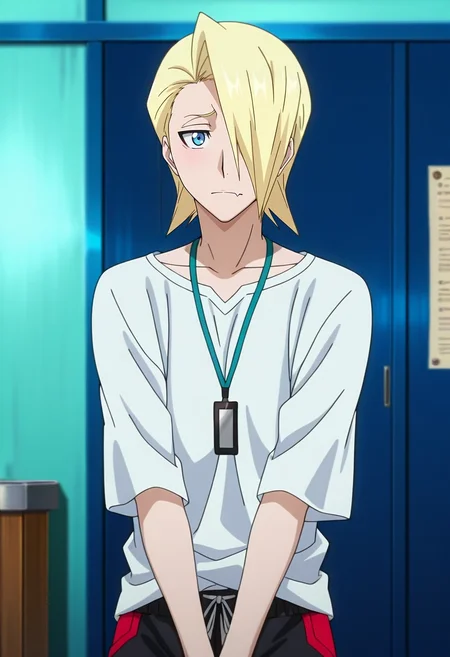 masterpiece, best quality, , anime screencap, anime coloring, official style, looking at viewer, 1boy, solo, male focus, <lora:izuru_kira_ilxl:0.92>, izuru_kira, blonde hair, blue eyes, short hair, hair over one eye, , upper body, workshop, noon, v arms, skin fang, Poplin Cyan Boardshorts, Abstract Rayon Gold Chambray shirt, , , Knapsack and andLanyard andChoker