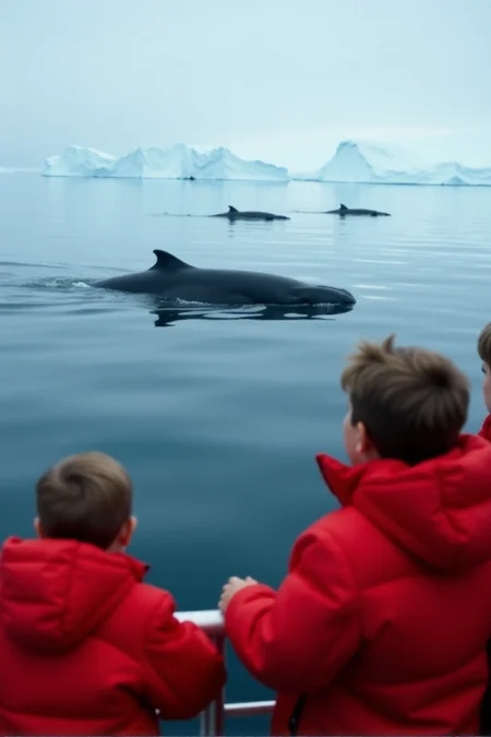 Photo of a cruise expedition to the artic circle, passengers on deck wearing puffy parkas watching as a pod of narwhale surface in the distance, depth of field, nature photography, capturing the awe and wonder inspired by nature3âââ