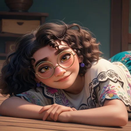 score_9, score_8, score_7, score_6, rating_questionable, MirabelM, 1girl, Glasses, laying on side, posing, seductive smile