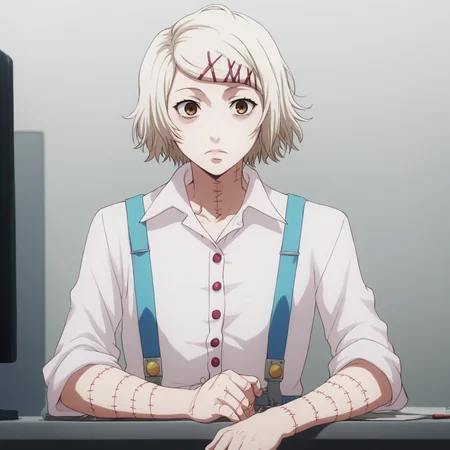 <lora:Slimes_Juuzou-000003:1>,  score9_up, score8_up, score7_up, score6_up, slimes_Juuzou, solo, frowning, brown eyes, stitches, suspenders, button up shirt, office background