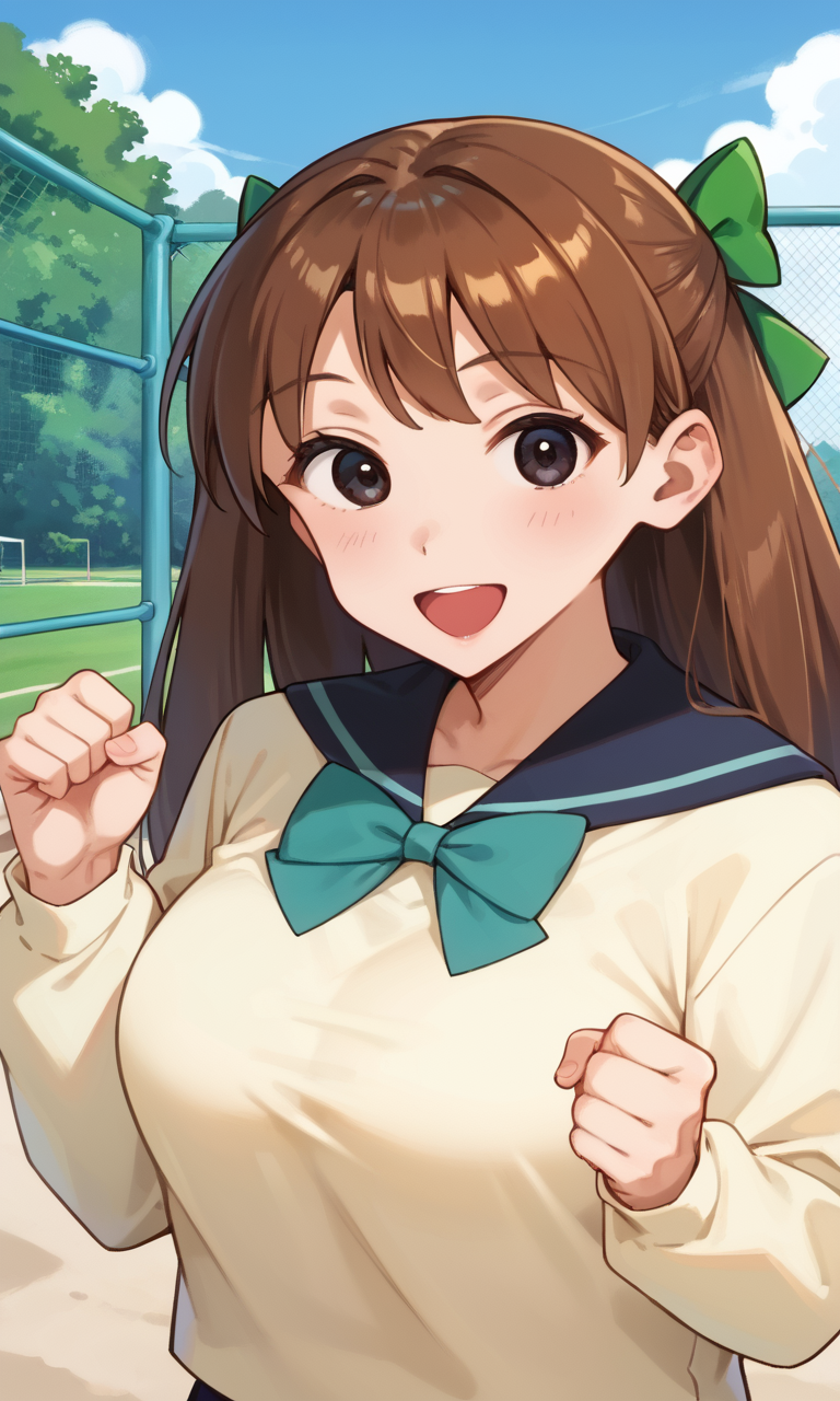 (1girl:1.5), (solo:1.3), (score_9, score_8_up, score_7_up, score_6_up, score_5_up, score_4_up), (source_anime), rating_questionable, looking at viewer, (upper body:1.5), outdoors, blue sky, playground, school,
 (yellow sweater, oversized clothes, long sleeves, blue sailor collar, green bowtie, blue skirt, pleated skirt, miniskirt), (large breasts), <lora:mari-friend-rika_v1:0.9> (mari-friend-rika), (black eyes, brown hair, long hair, bangs, big hair bow), (smile, happy, open mouth, wide mouth),
clenched hands, hands up,