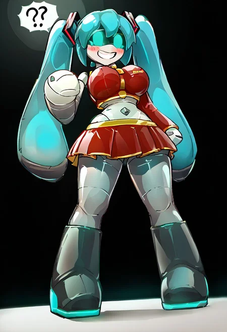 (score_9), score_8_up, score_7_up, score_6_up, [score_5_up, score_4_up], (solo:1.2), low angle, sexy pose, ((glossy inflatable miku hatsune as a robot MD-Doll)), (glistening, glistening body, very shiny glossy reflective inflatable, shiny highlights, (toy proportions:1.5)), (living inflatable, seams, featureless hands, featureless feet, bappers, large bappers, bapper arms, seams on skin), animate inanimate, (short, curvy, wide hips, full body, standing, legs apart, android, joints, MD-Doll black visor with aqua eyes), bottom heavy, (simple rounded inflatable aqua hair with twintails, shiny inflatable aqua twintails with seams), ((MD-Doll)), robot, miku hatsune, shocked, confused, worried, simple background, painted-on smile, permagrin, very shiny, glossy, pooltoy, toy nozzle on stomach, toy handles, shiny painted-on [glossy rubber red crop top, glossy rubber red boots, glossy black crop top, [glossy rubber red skirt]], blushing, embarrassed, fingerless, perfect lighting, perfect shading, vibrant lighting, bright highlights, glossy rubber texture, [shiny latex texture], large thighs, large breasts, large simple inflatable head, very shiny rubber inflatable white and grey metal MD-Doll robot skin, glossy white rubber head with black visor