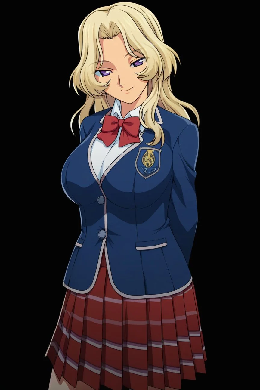 score_9, score_8_up, score_7_up, score_6_up, score_5_up, score_4_up, BREAK <lora:mieko0703-sdxl-reg-000036:1>, mieko \(itazura\), 1girl, solo, long hair, breasts, looking at viewer, smile, purple eyes, skirt, large breasts, simple background, shirt, white shirt, bow, red bow, school uniform, jacket, blue jacket, blonde hair, wavy hair, cowboy shot, pleated skirt, miniskirt, bowtie, plaid, blazer, red skirt, plaid skirt, arms behind back, black background, emblem, half-closed eyes, parted bangs, collared shirt, head tilt
