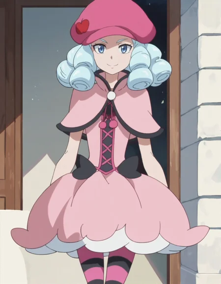 score_9, score_8_up, score_7_up, anime screencap, solo,1girl, pink headwear, light blue hair, medium hair, smile, striped pantyhose, standing, ringlets, looking at viewer, pink dress, blue eyes, cowboy shot,<lora:hosshiwa:0.8>
