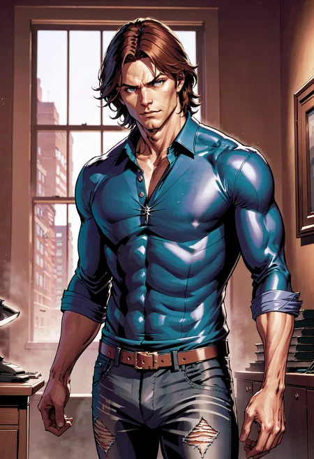 ((1boy, male focus)), Jared Padalecki, Supernatural, Sam Winchester, FBI headquarters, indoors, sexy, ripped clothes, yaoi