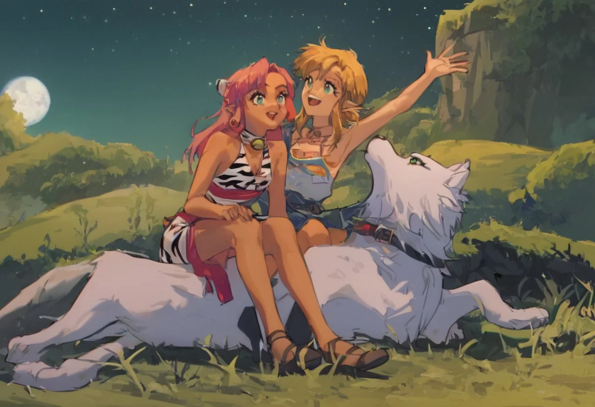 score_9, score_8_up, score_7_up, score_6_up, Masterpiece, source_anime screenshot, duo, 1 girl, 1 boy, vivid colors, anime style, high-res, beautiful aesthetic, very intricate, high-quality details, vibrant, highly detailed, shiny and glossy, award-winning, professional, <lora:pink-ponyxl-v2:0.9>, sleeveless dress, white tiger print dress, pelvic curtain, cleavage, white cat ears, cat bell necklace, bright pink hair, long hair, tanned, white tiger tail, red sash, small breasts, leather shoes, detailed eyes, green eyes, detailed face, BREAK <lora:link:1> link1, link, soft smile, pointy ears, blonde hair, blue eyes, medium hair, side locks, earrings, short ponytail, blue hylian tunic, retro anime style, perfect quality
Break
Hyrule forest, at night, bright cresent moon and stars, on top of a hill, link and pink on their knees, link and pink howling at the moon together, link howling, sitting pose,head back,mouth open