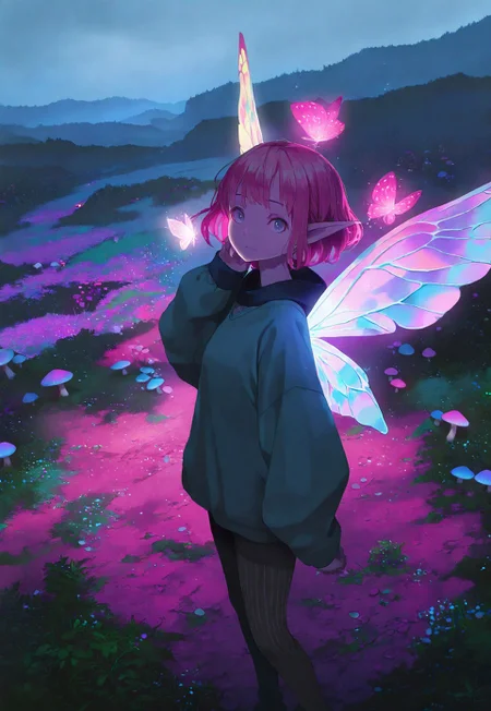 (fine fabric emphasis:1.2), masterpiece,best quality,highres,absurdres,best quality,amazing quality,very aesthetic,absurdres, fairy ring, flat color, no lineart, ultraviolet, newest, absurd res, hi res, very awa, fairy, reoen, female, norakura \(nr kura\), slim, butterfly wings, solo, toga, looking at viewer, innocent, standing, mushrooms, rocks, moss, highlands, overcast, mist, early morning, dim, ethereal, iridescent, mysterious, cinematic lighting, dramatic,postcard,  (lineart:0.6), high-angle view, watercolor, illustration, vintage, akai sashimi, mucknagabe, 
