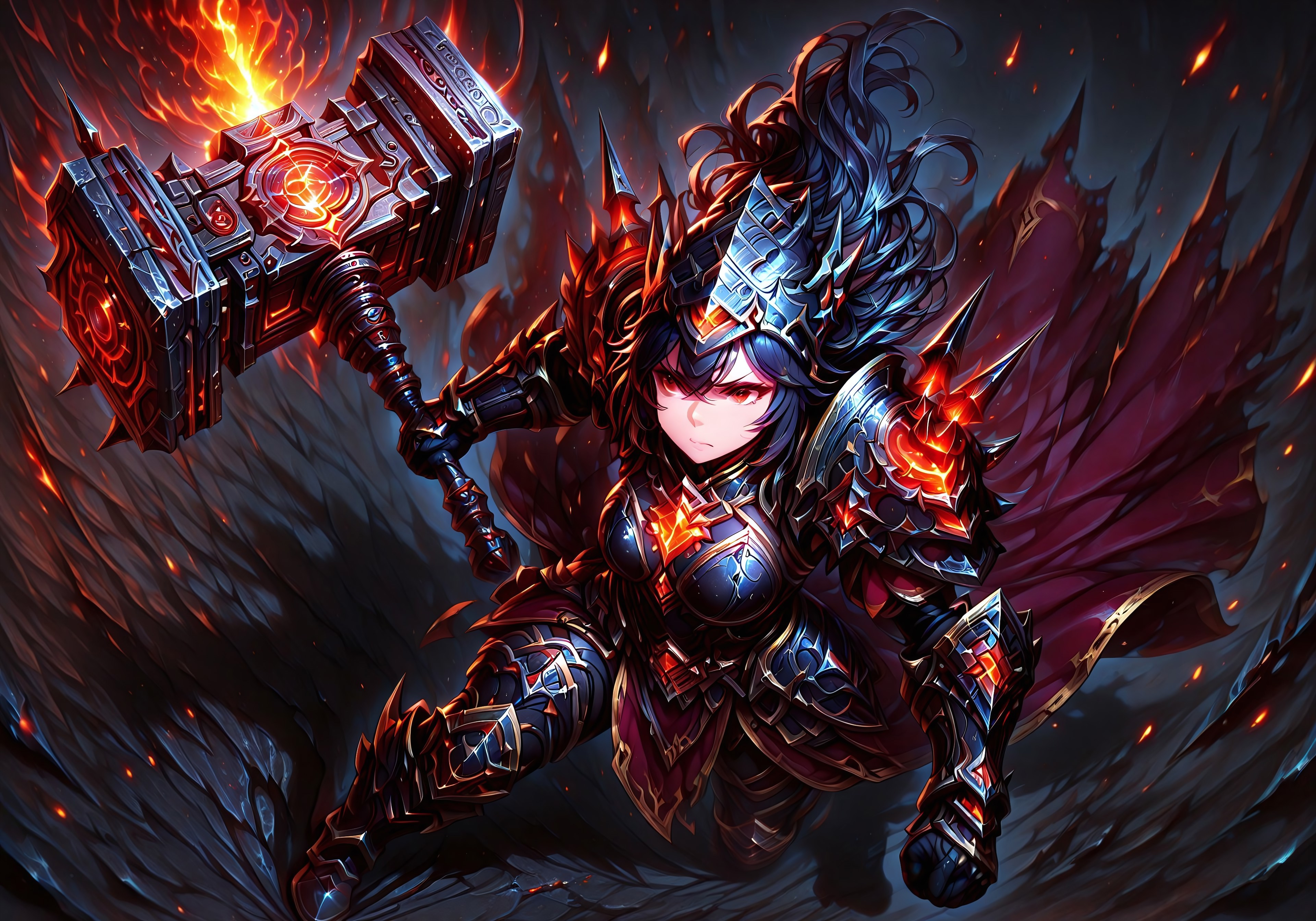 masterpiece, best quality, ultra-detailed, absurdres, 64K, high resolution, concept art, official art, illustration, fantasy illustration, very aesthetic, highly detailed, beyond intricately detailed, stylized, stunning, smooth quality, colorful, digital artwork, abstract, HDR, raytraced lighting, high contrast, dramatic shadows, heavy shadows, depth of field, glowing energy highlights, ornate design, sharp focus, highly detailed face, (full-body:1.4), character-focused scene, strong facial expression, strong colors, realistic metal texture, strong silhouette, BREAK, 

(action shot, wide angle, camera from above, full view:1.4), 

(1girl, tall athletic build, a forsaken warrior clad in bulky multi-layered Chartreuse armor, her chestplate thick and worn, the Deep Burgundy cloth robe underneath tattered and torn above  knees, worn heavy Chartreuse boots covered in thick mud and blood splatters, heavy Chartreuse gauntlets barely reach elbows covered in damage from past battles, eyes glow Deep Burgundy with an eerie dead-light, shoulders are enormous covered in small spikes and layered multiple times with heavy sheet metal, wielding a giant slate gray fantasy battlehammer using both hands, Aggressive stance, dynamic pose, moving to violently attack the intruders of this abandoned dungeon cavern, heavy cinematic lighting), 




