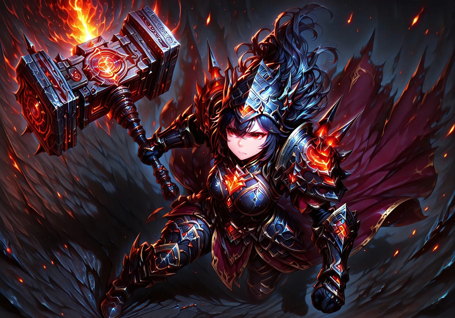 masterpiece, best quality, ultra-detailed, absurdres, 64K, high resolution, concept art, official art, illustration, fantasy illustration, very aesthetic, highly detailed, beyond intricately detailed, stylized, stunning, smooth quality, colorful, digital artwork, abstract, HDR, raytraced lighting, high contrast, dramatic shadows, heavy shadows, depth of field, glowing energy highlights, ornate design, sharp focus, highly detailed face, (full-body:1.4), character-focused scene, strong facial expression, strong colors, realistic metal texture, strong silhouette, BREAK,
(action shot, wide angle, camera from above, full view:1.4),
(1girl, tall athletic build, a forsaken warrior clad in bulky multi-layered Chartreuse armor, her chestplate thick and worn, the Deep Burgundy cloth robe underneath tattered and torn above knees, worn heavy Chartreuse boots covered in thick mud and blood splatters, heavy Chartreuse gauntlets barely reach elbows covered in damage from past battles, eyes glow Deep Burgundy with an eerie dead-light, shoulders are enormous covered in small spikes and layered multiple times with heavy sheet metal, wielding a giant slate gray fantasy battlehammer using both hands, Aggressive stance, dynamic pose, moving to violently attack the intruders of this abandoned dungeon cavern, heavy cinematic lighting),